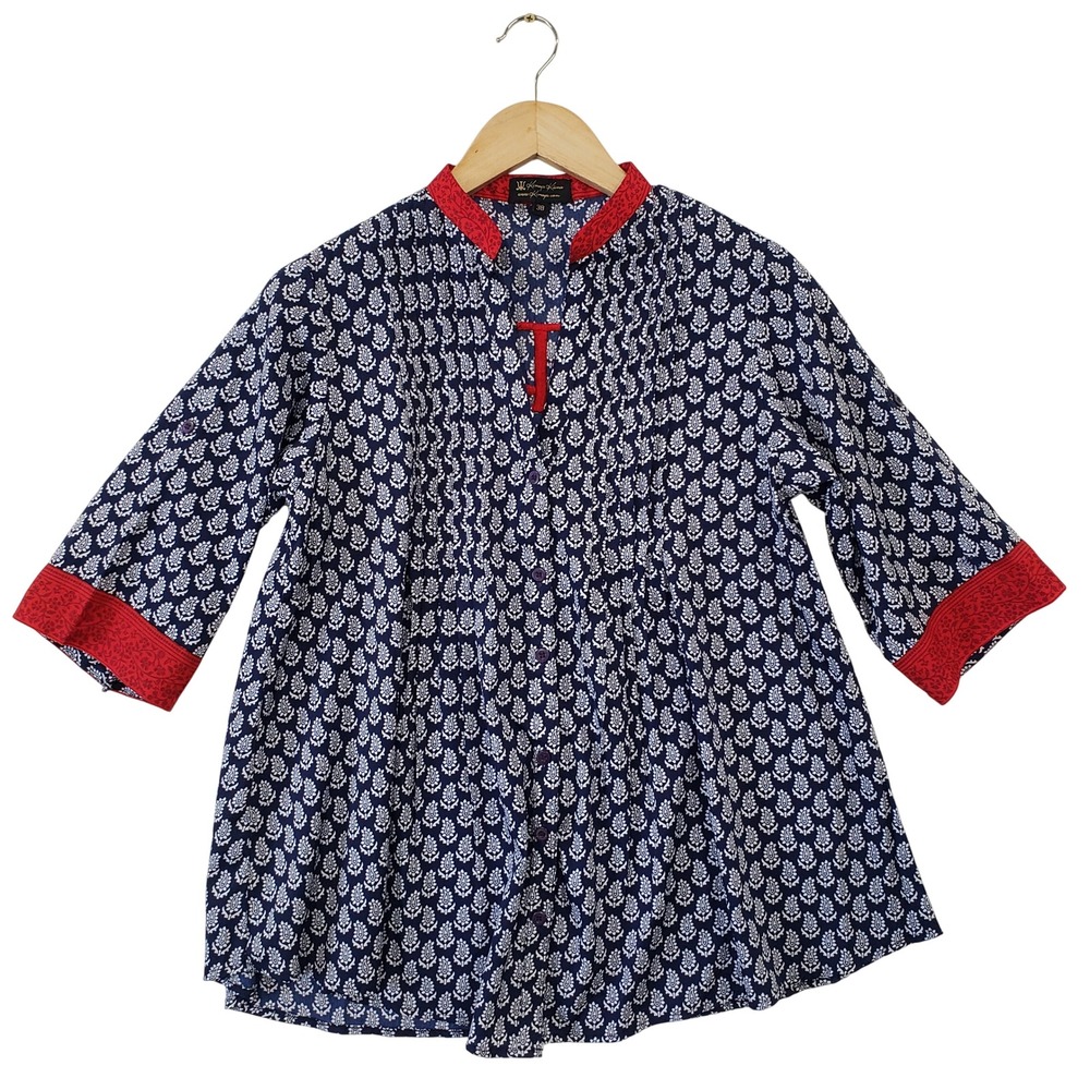Kimaya Kama Tunic Blouse‎ Womens 38 Blue Block Print Pleated Top Global
